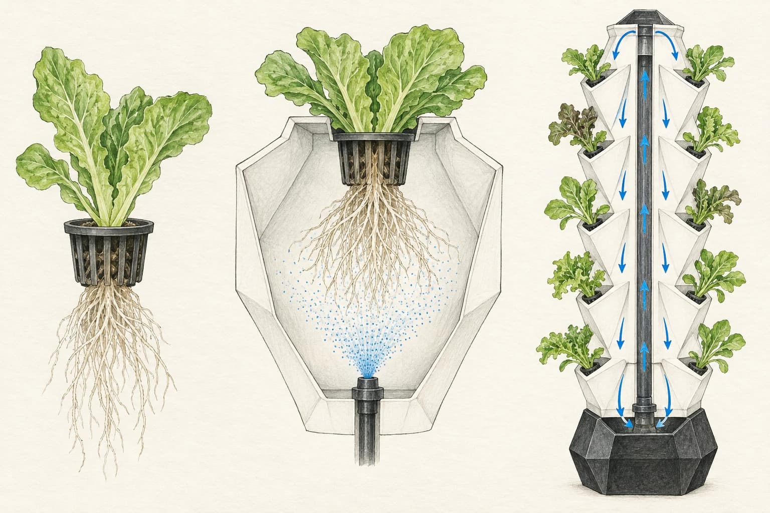 رسومات يدوية لكوب إنبات، وجذور تتلقّى رذاذ المغذّيات، وحلقة مياه برج الزراعة الهوائية