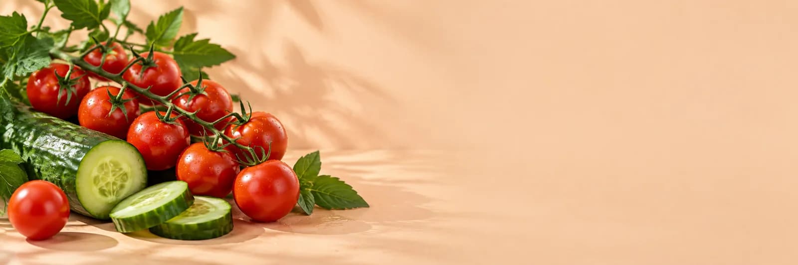 طماطم وخيار على خلفية خوخية دافئة