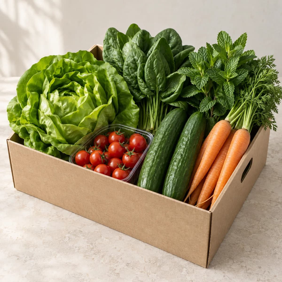 Single box with lettuce, spinach, tomatoes, cucumber, carrots and mint